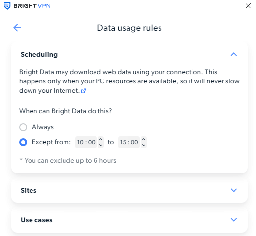 Scheduling option in Bright VPN allows users to set times when the VPN client shouldn't collect data