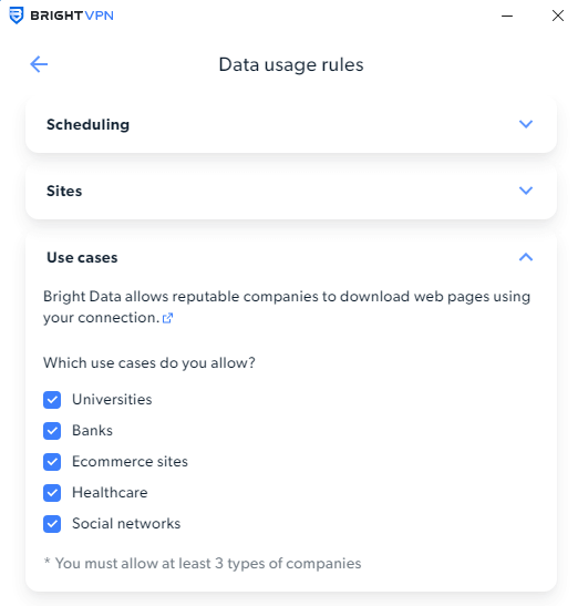 Set use cases for data collection in Bright VPN's Windows Client