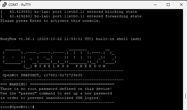 OpenWRT shell (Busybox ash) running on Amplifi HD Router with Putty