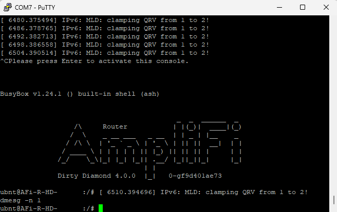 Original Amplifi firmware shell (Busybox ash) running on Amplifi HD Router with Putty